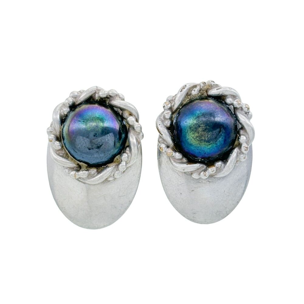 Vintage Silver-Plated Iridescent Glass Cabochon Clip-On Earrings